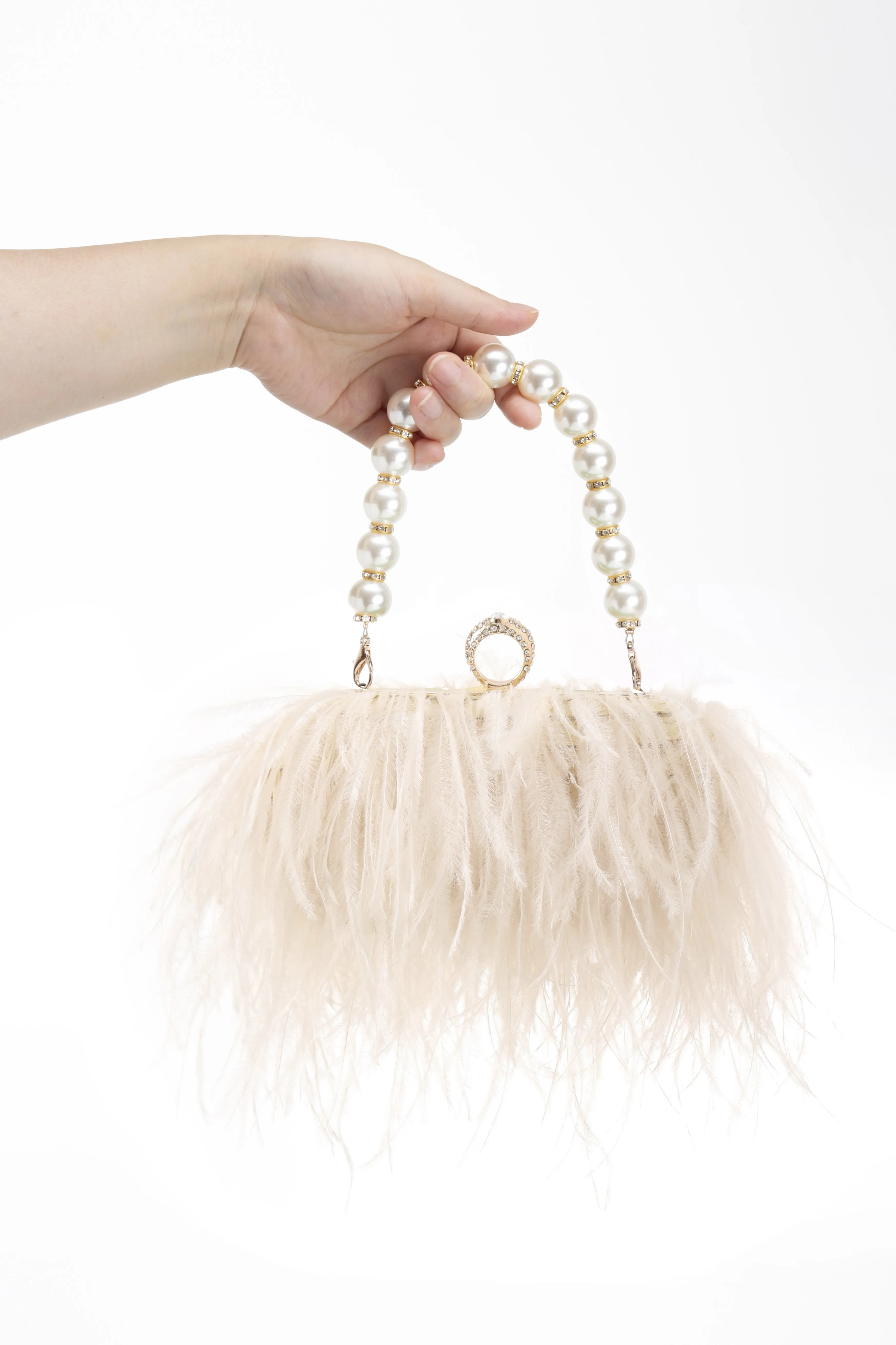 Luxury Real Ostrich Feathers Handbag Pearl Tassel Evening Bags Women's Pouch Purse Pink Green Diamond Clutch Party Messenger Bag