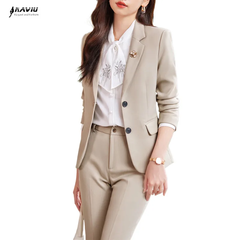 

NAVIU Apricot Suits Women High End Fashion New Autumn Winter Temprament Business Slim Blazer And Pants Office Ladies Work Wear