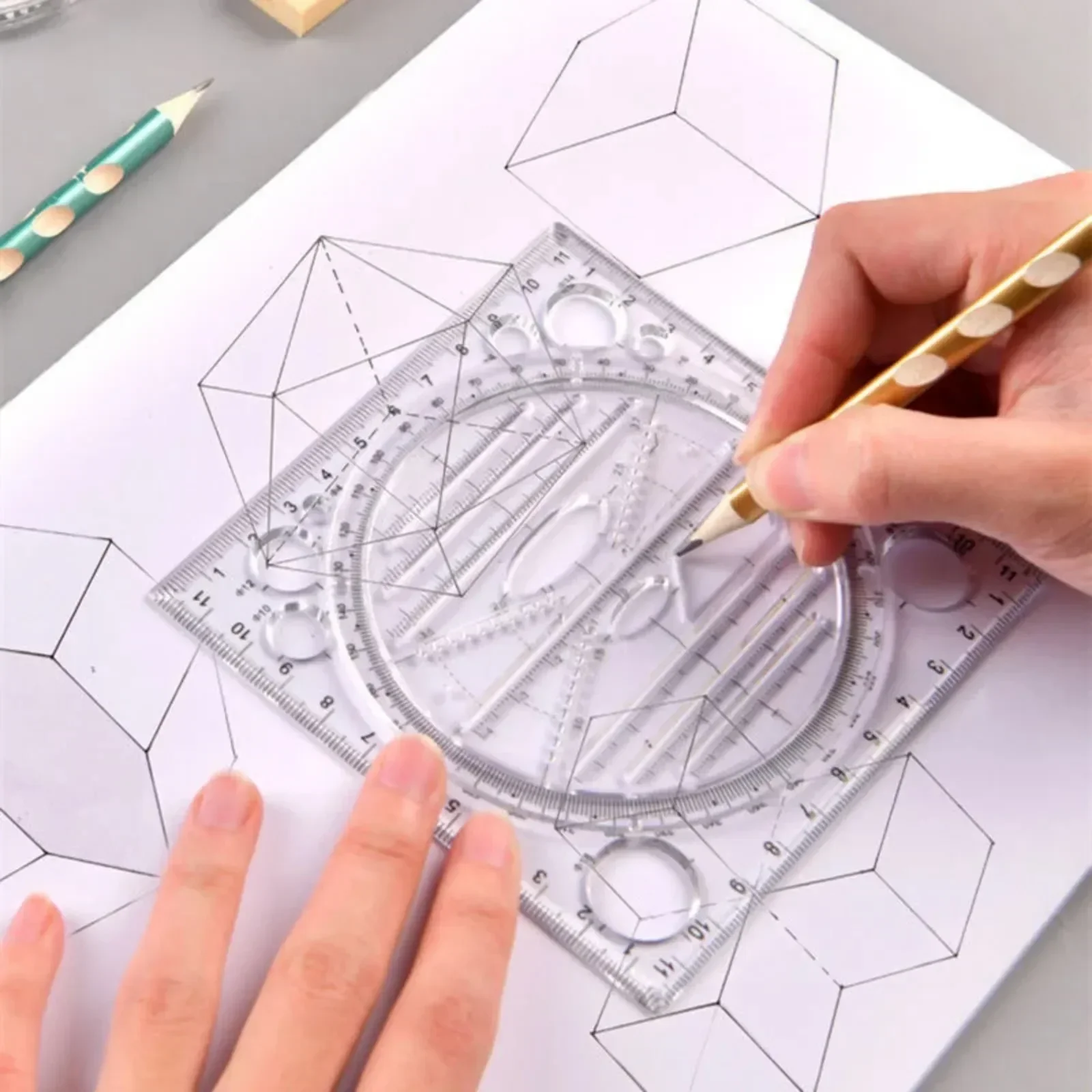 Multi-function Rotatable Drawing Template Art Design Construction Architect Geometry Circle Drafting Measuring Scale Ruler Tools