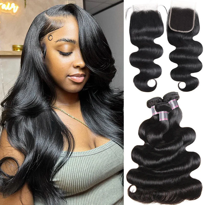 Unprocessed Brazilian Remy Human Hair Bundles With Closure Hair Weave Virgin Hair Extensions 3/4 Bundles With Closure
