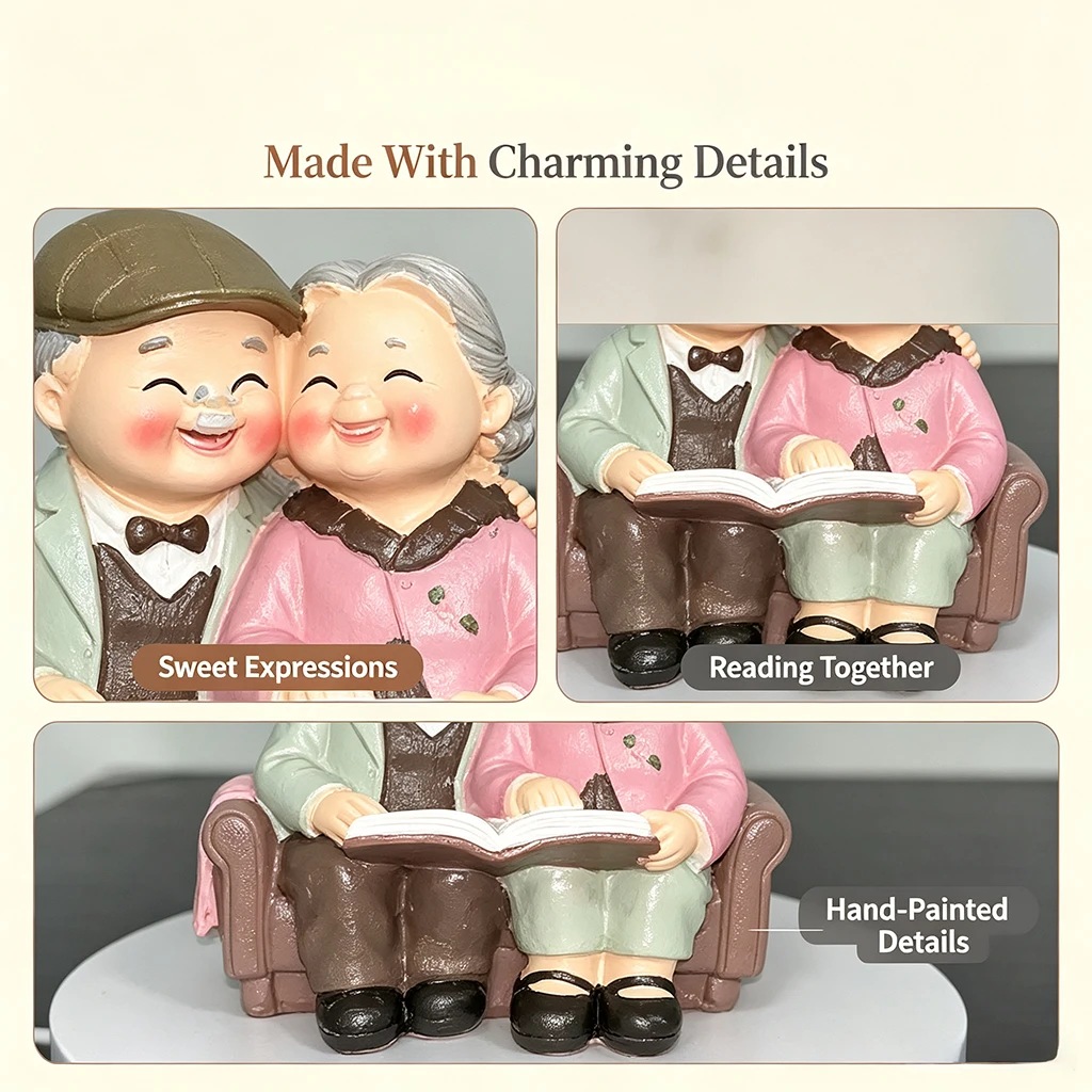 Elderly Couple Figurine Resin Statue Grandparents Home Decor Sitting Together Reading Book Anniversary Wedding Gift