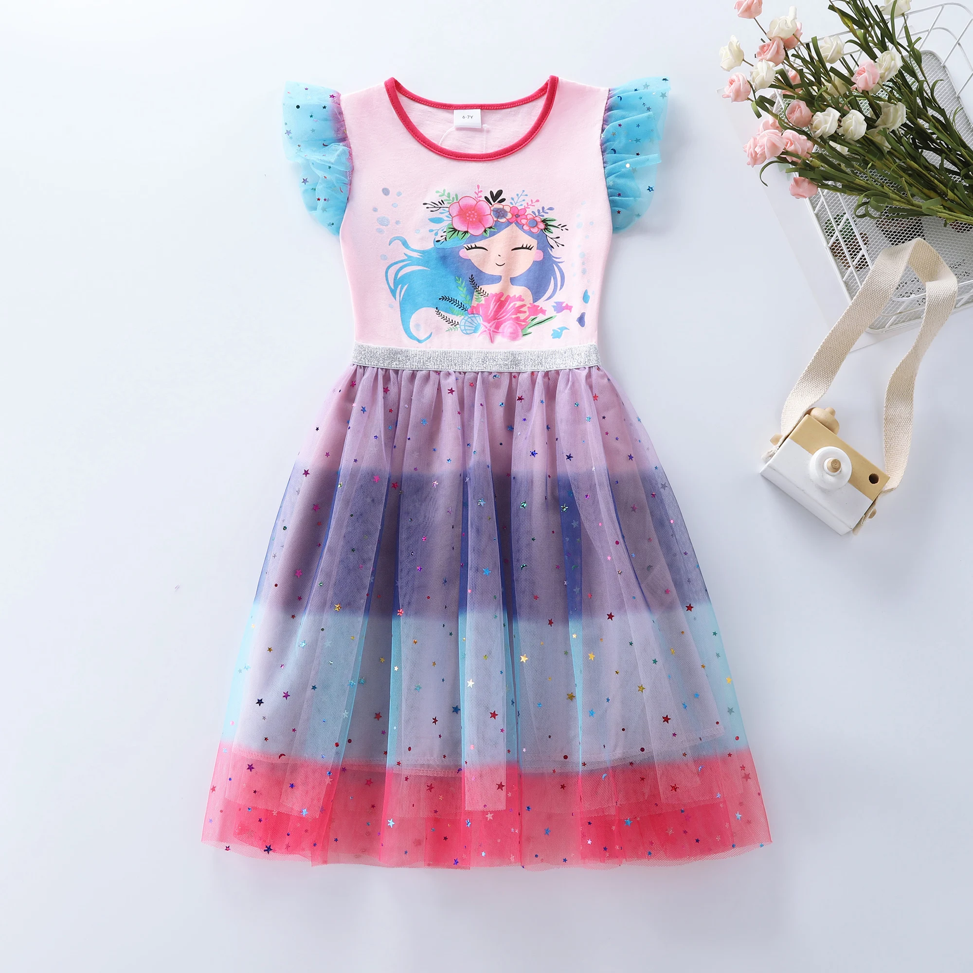Girls Floral Print Summer Dress with Star Embroidery Mesh Paneling And Fairy Wings for Birthday Parties SH1768
