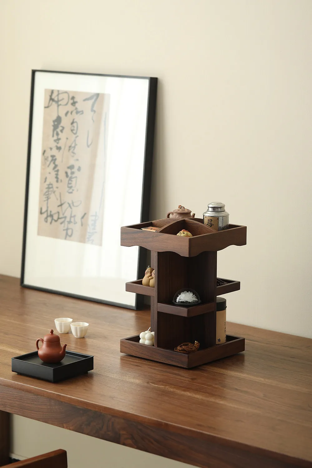 Walnut solid wood rotating rack tea room tea ceremony accessories storage cabinet home ornaments candles perfume sundries