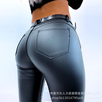 Women PU Leather Slim Fit Zipper High Waist Pants Casual Pants with Pockets
