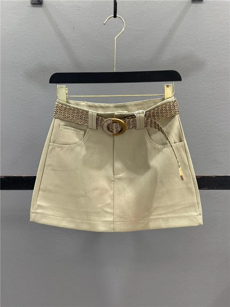 Retro Washed Cotton A-Line  Skirt Women's Pure Desire Slimming Sexy Short Skirt Casual Style Faux Leather  Zipper C...