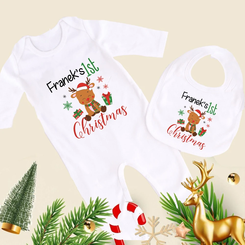 

Personalised First Christmas Baby Bibs & Sleepsuit Girls Boys with Name Coming Home Outfit Pregnancy Announcement Gifts