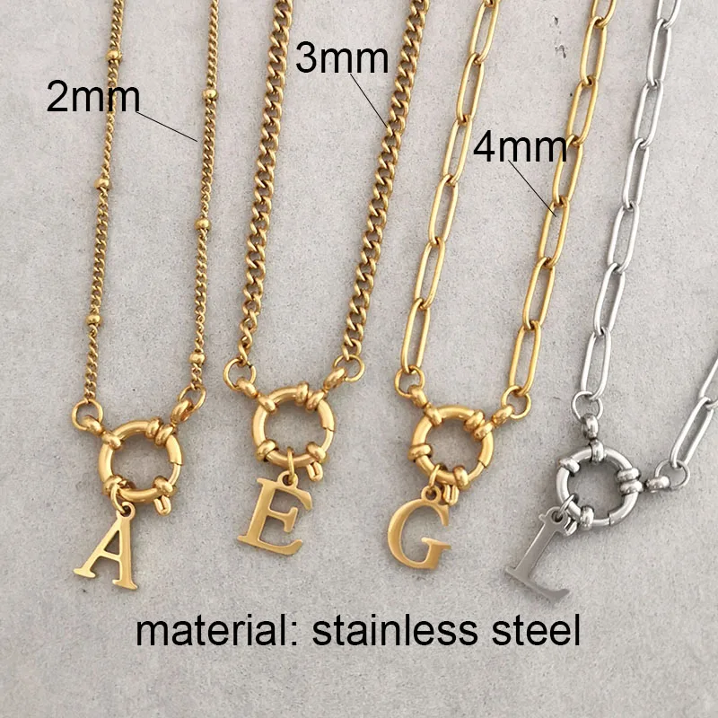 QMHJE Initial Charm Letters Necklace Women Men Stainless Steel Choker Gold Silver Color Chain Geometric Beads Small Alphabet DIY