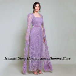 Lilac Evening Party Dresses Customized Feathers Jacket New Arrival Strapless Velour Belt Ankle Length Prom Gown Robe De Soiree