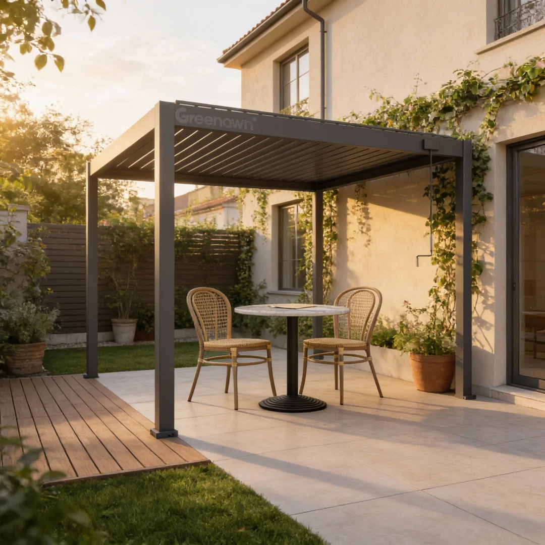 High End Rust-proof Aluminum Patio Cover Motorized Louvered Roof System attached to House Wall with Integrated Gutter