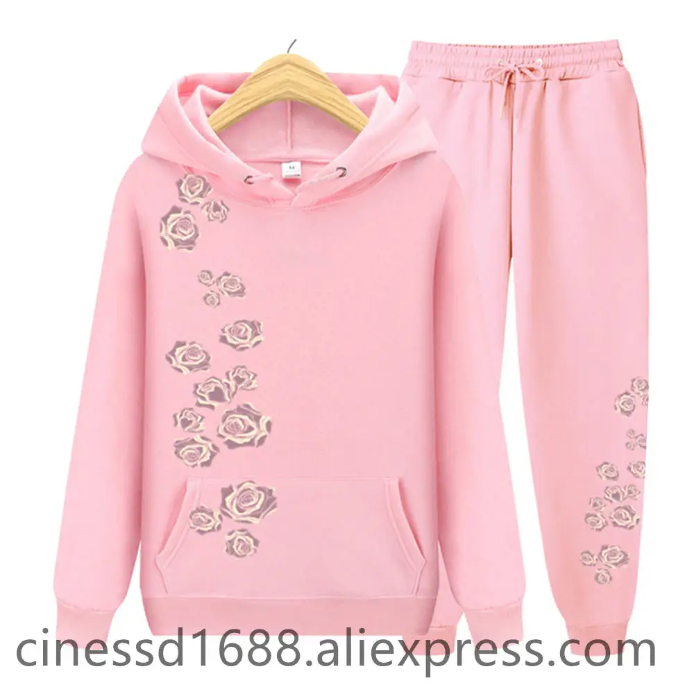 Ladies Hoodies Sets Sportswear Sweatshirt+ Pants Two Pieces Suit 2025 New Printed Rose Designer Trend Clothing Womens Tracksuit