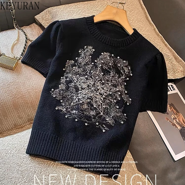 2024 Srping Summer Star Embroidery Diamonds Sweater Women Pullover Vintage Short Sleeve O-Neck Knitwear Tops Jumper Pull Femme