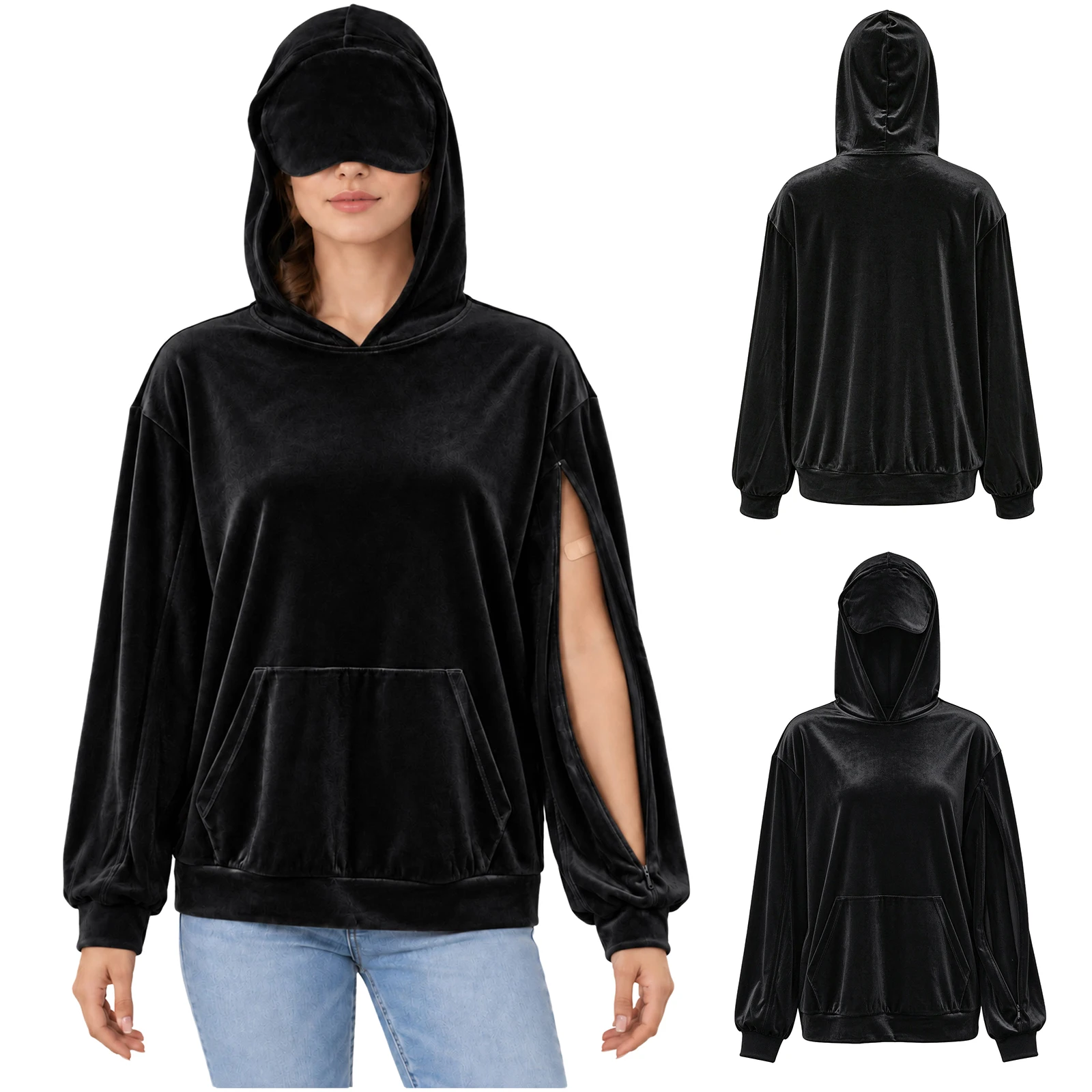 Women Dialysis Adaptive Velvet Hoodie with Eye Mask Sleepwear Coat Zipper Long Sleeves Hooded Pullover Sweatshirt And Pocket Top