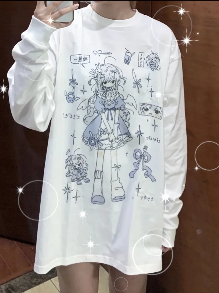 

QWEEK Y2k Sweet Kawaii T Shirt Women Japanese Cute Anime Cartoon Print Graphic Loose Tees Korean Long Sleeve Top 2024 Spring