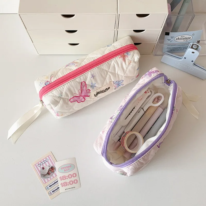 1 Piece Korean Fashion Aesthetic Butterfly Pencil Case Print Floral Pink Purple Color Stationery Storage School Student Pen Bag