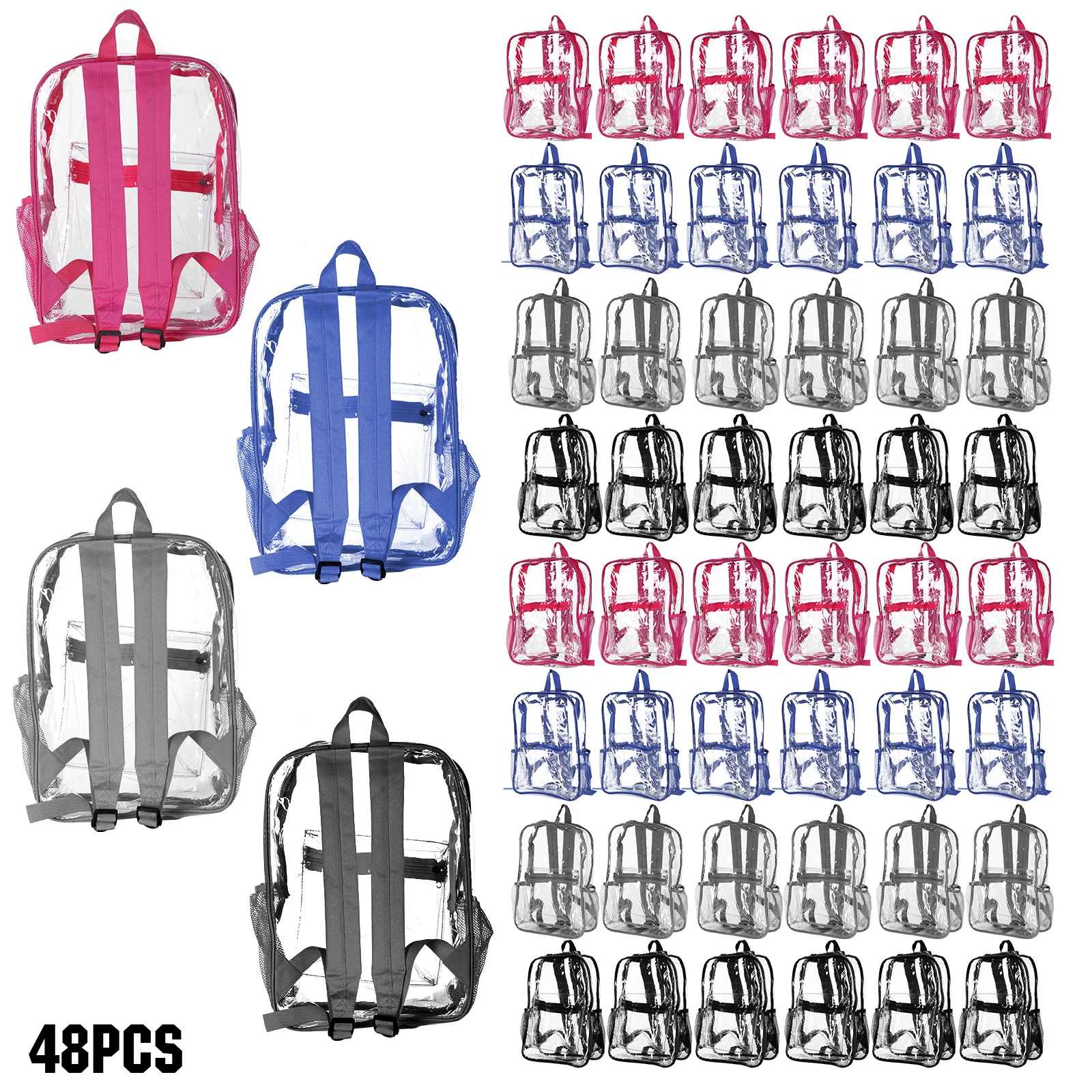 

48/72 Pack PVC Clear Backpack Bulk Heavy Duty See 15 Inch Clear Bookbag for College Travel Sport Work Stadium Approved