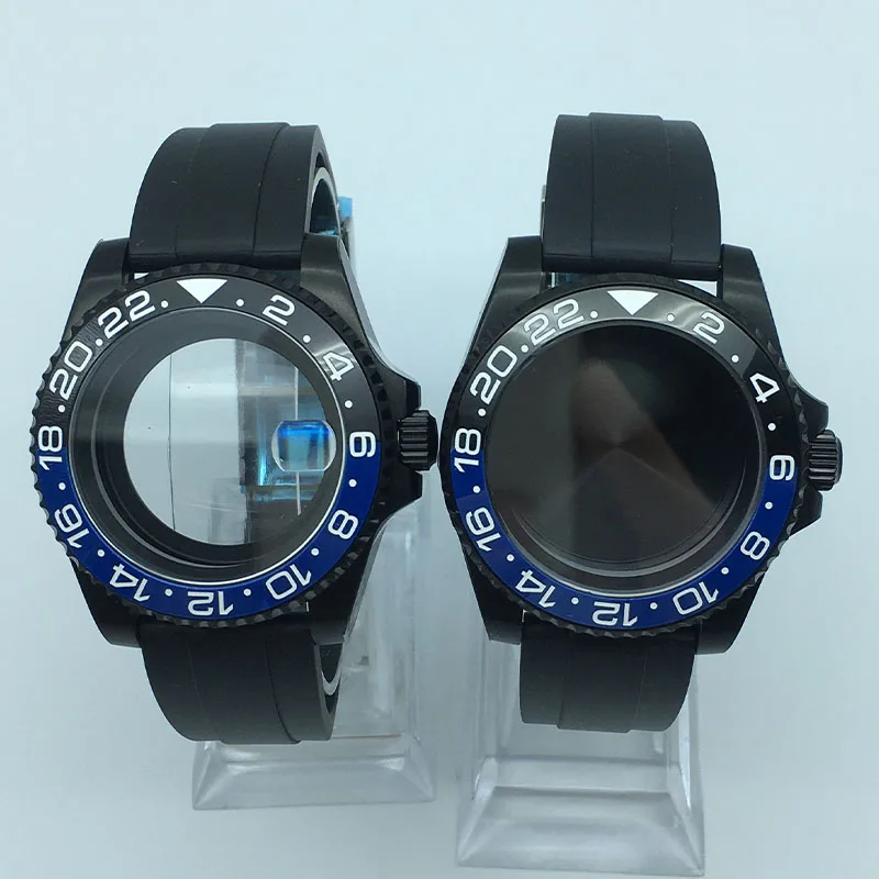 

40mm Black GMT watch case Mod rubber strap Sliding lock buckle ceramic inlay Sapphire For Seiko nh35 nh36 Miyota 8215 Movement