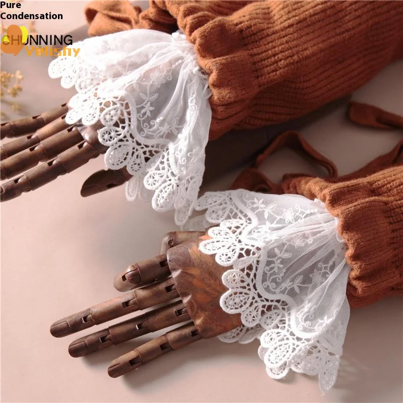 Female Girls Sweater Decorated Fake Sleeves Hollow Out Crochet Floral Lace Horn Cuffs Embroidery Flounces Elastic