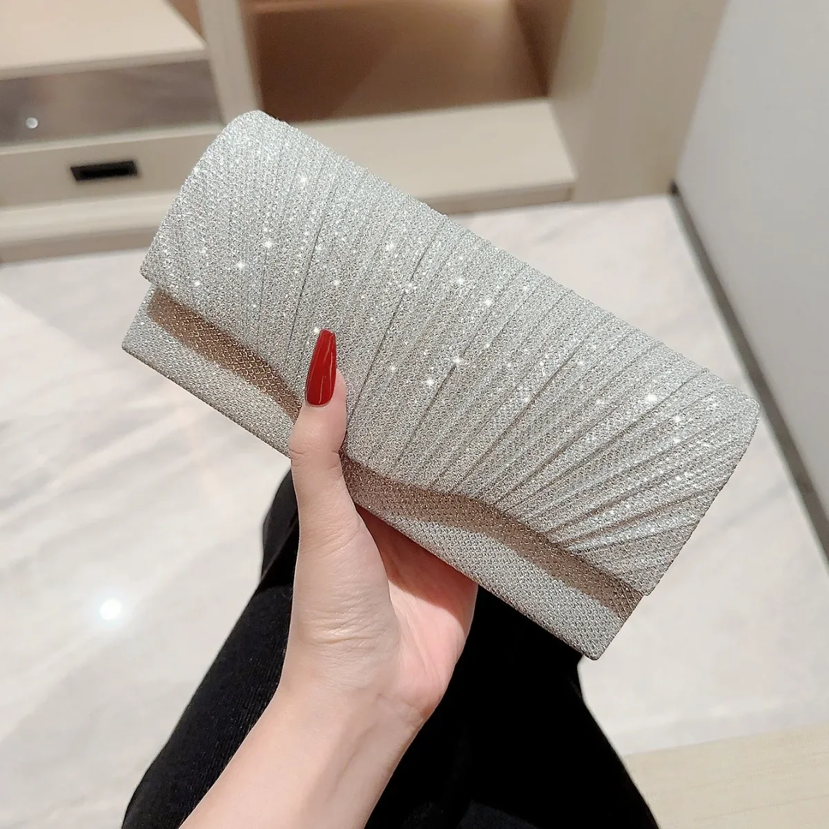 

Ladies Glitter Silver Clutch Bag Envelope Evening Bag Fashion Elegant Long Purse Women Chain Shoulder Bags Wedding Party Handbag