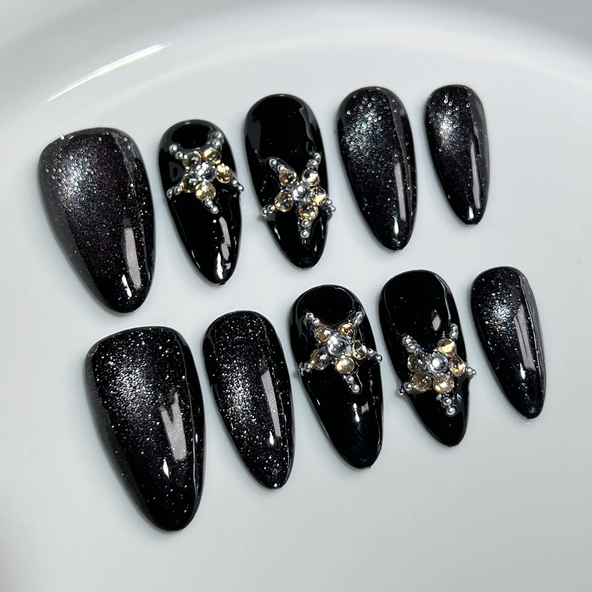 Handmade Almond Press on Nails Dark Night Star River Cat Eye Fake Nails with Star Rhinestone Design Spice Girls Y2k False Nails