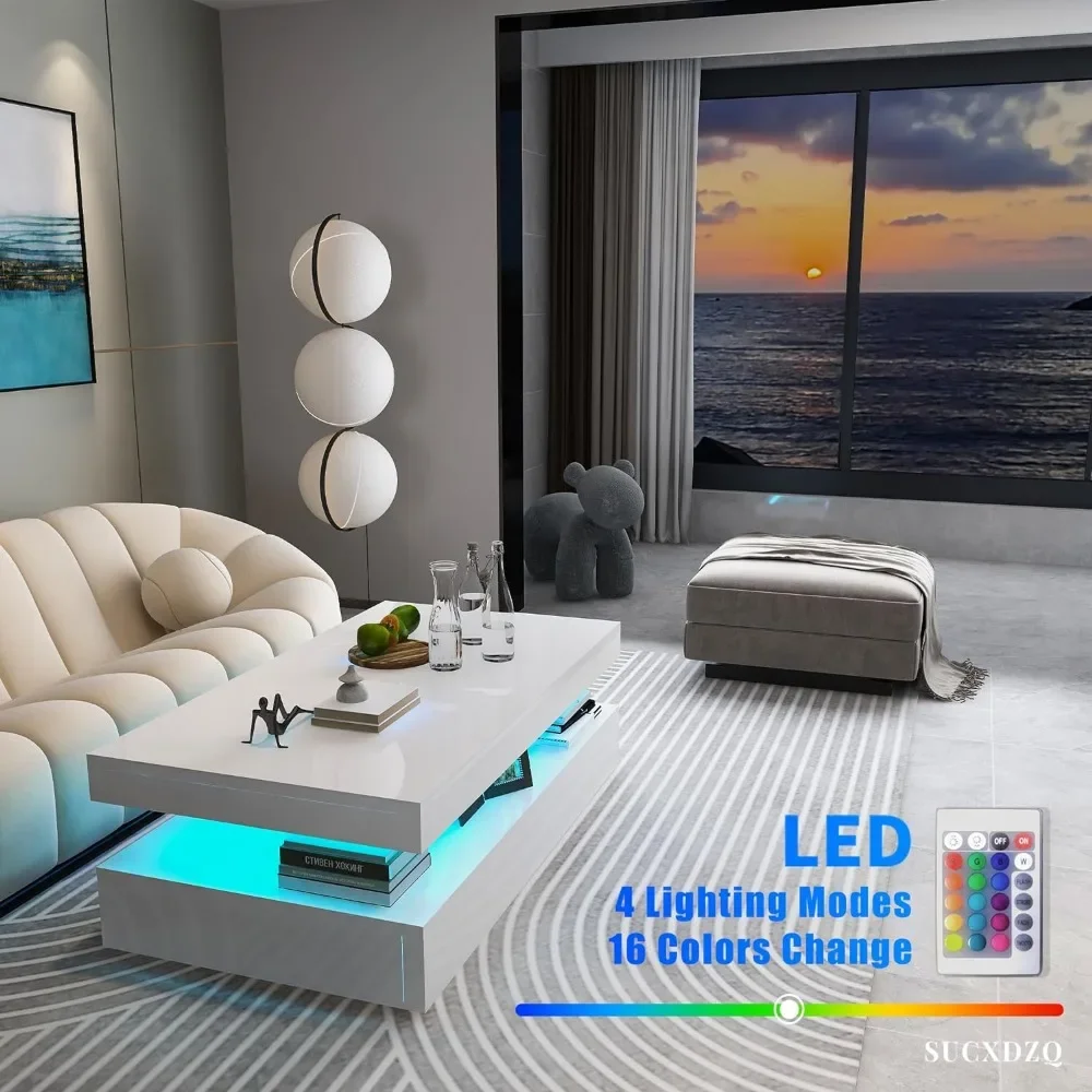 Mesa de centro Rectangular blanca para sala de estar con Control remoto, mesa de centro moderna de alto brillo con luz LED RGB, muebles