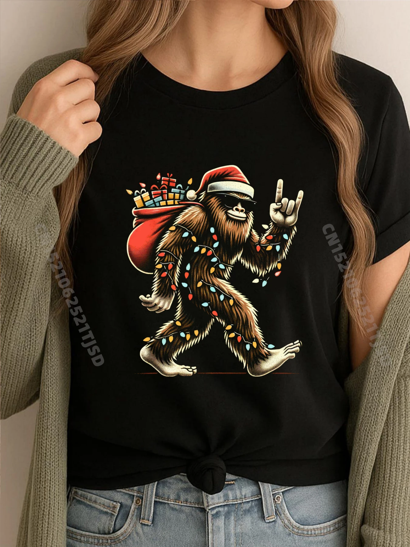 

Санта-Снежный человек, рождественские огни, Sasquatch Believe, футболки с рисунком, мужская одежда из 100% хлопка, пасхальное воскресенье