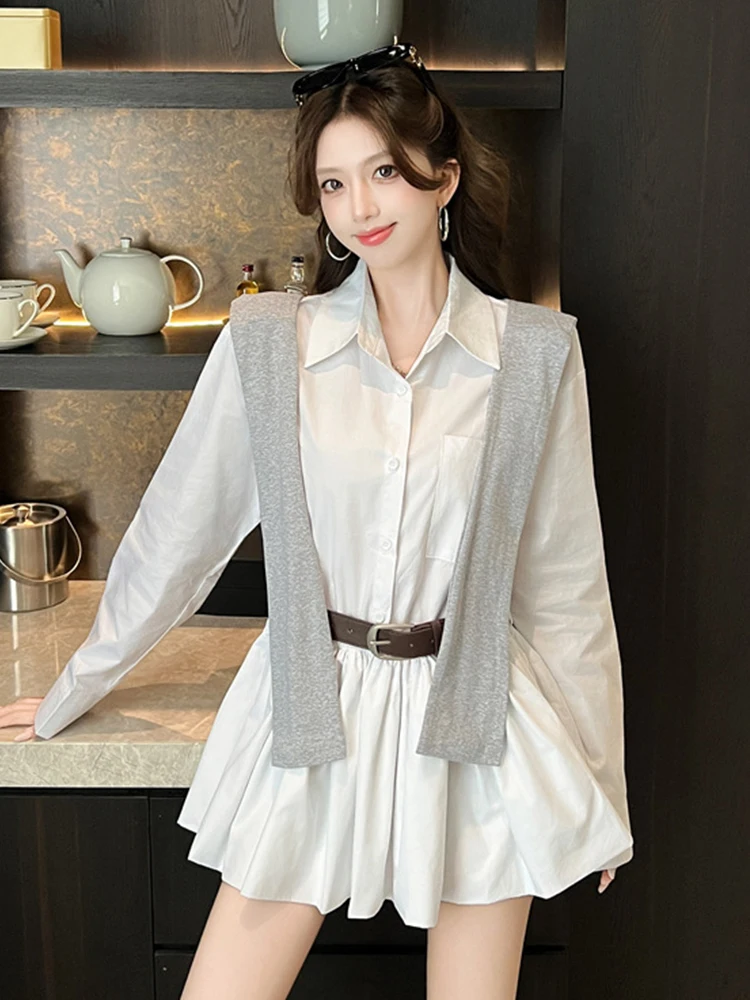Koreaanse Mode Shirt Jurk voor Vrouwen Zoete Cape Riem Swing Korte Geplooide Jurk Vrouwelijke Dagelijkse Casual High Street Vestidos Mujer