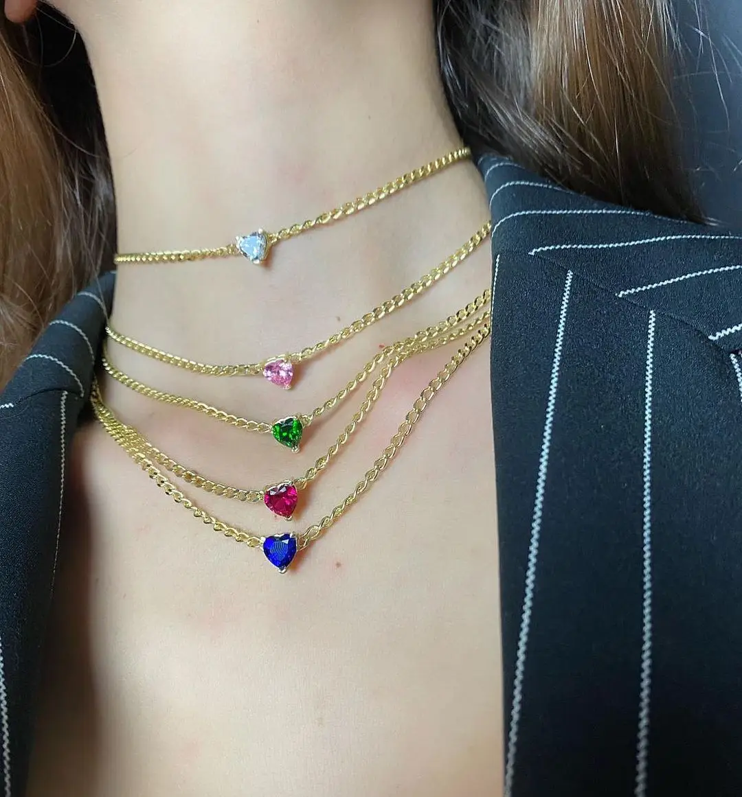 8mm Colorful Heart Shaped 5A Cubic Zirconia Charm Gold Plated 925 Sterling Silver Single Stone Necklaces