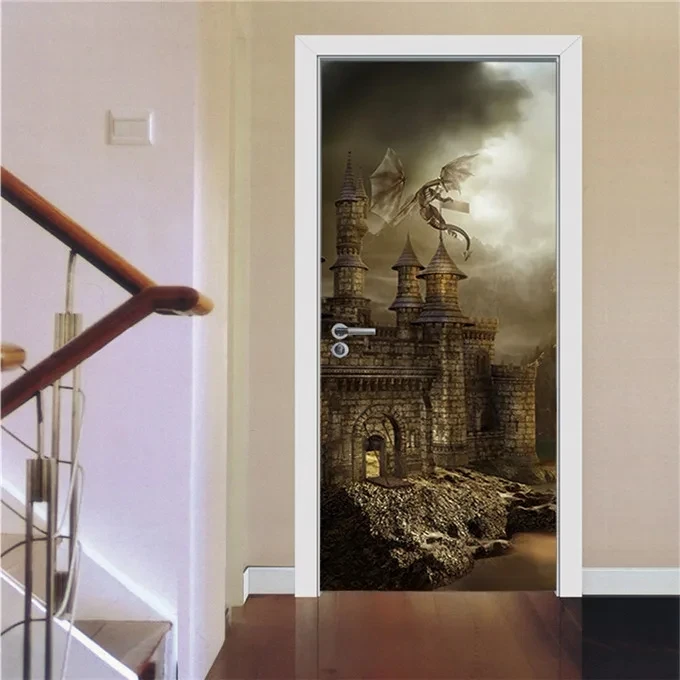 Dark Corridor Tunnel Door Sticker 3D Wallpapers Castle Iron Prison Staircase Wall Stickers Vinyl Door Cover Poster Custom Mural