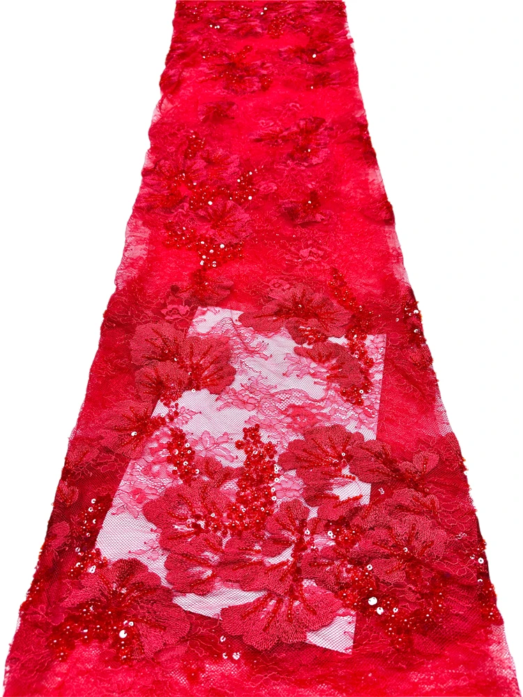 

African Groom Beaded Lace Fabric High Quality Red French Nigerian Sequin Lace Fabric for Bridal Wedding Party Material Sewing