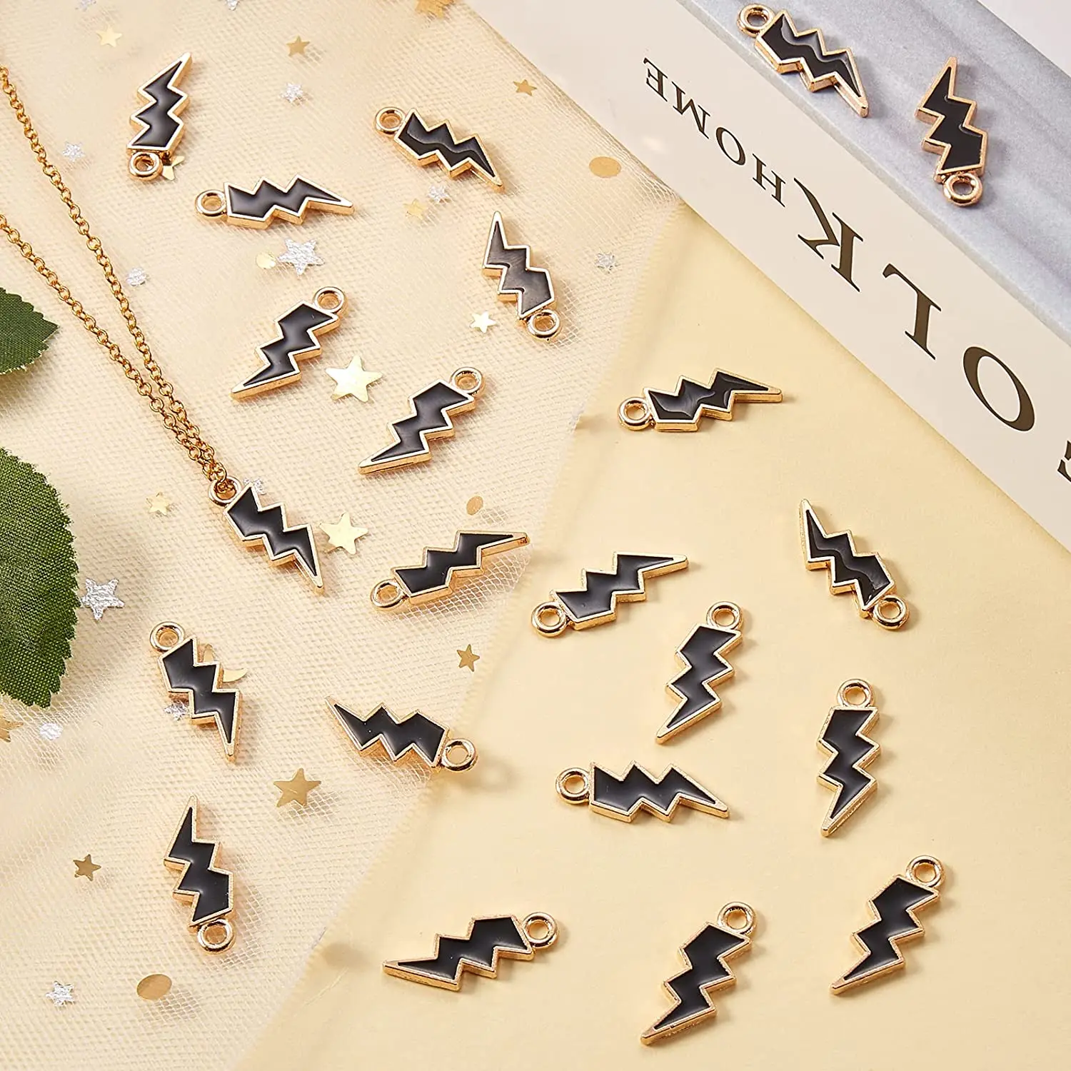 PandaHall 100pcs Enamel Black Flash Shape Charms Lightning Bolt Charms Flash Thunder Pendants for DIY Jewelry Making Accessories