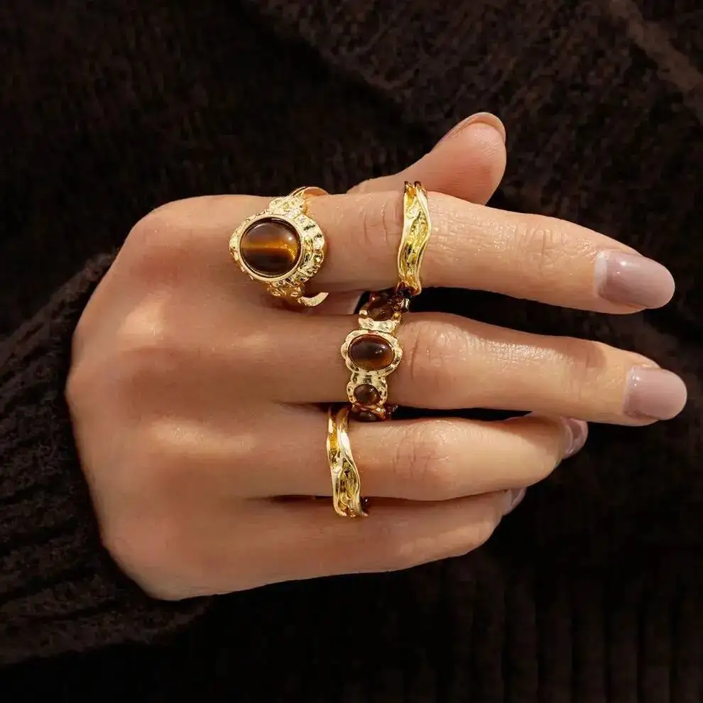 SHIXIN 4Pcs/Set Vintage Oval Brown Stone Open Rings for Women Luxury Round Gold Color Adjustable Knuckle Ring Lady Jewelry Gifts