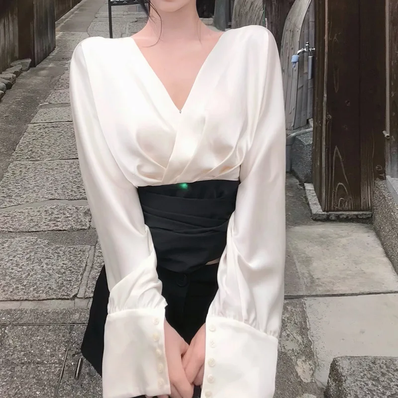 أنيقة الفرنسية هيبورن ملكة جمال كتلة اللون الخامس الرقبة Batwing كم قميص الخصر حزام التعادل طويلة الأكمام أعلى لخريف جديد وصول