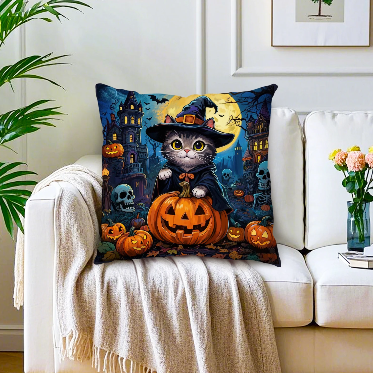 Halloween Witch Cat Cushion Cover Pumpkin Haunted House Skeleton Linen Decorative Pillow Case Spooky Sofa Living Room Bedroom Ho