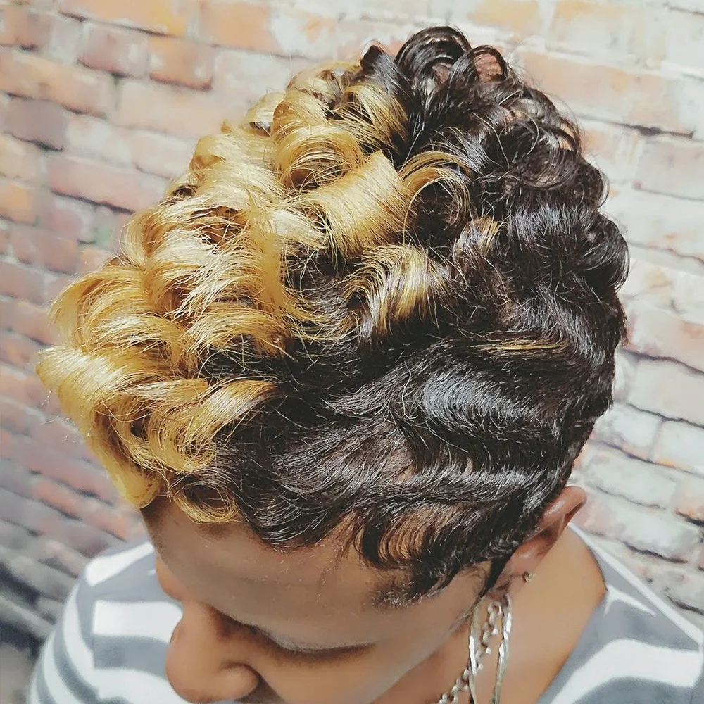 Peruka z krótkich, kręconych włosów naturalnych Pixie Curly, wykonana maszynowo, dla kobiet, krótka, kolor 1B27, na imprezy i na co dzień, peruka codzienna.