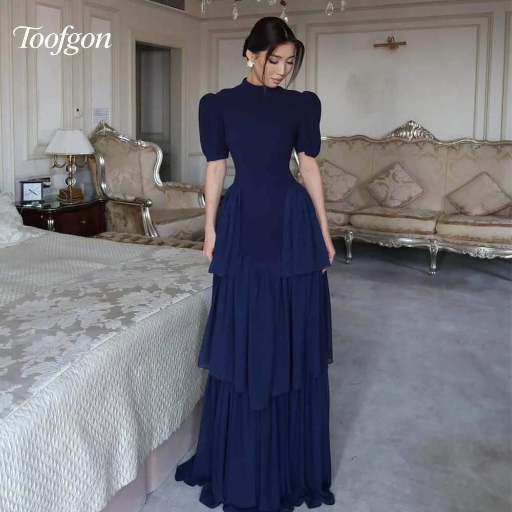 Toofgon Short Sleeve Blue Prom Dresses Satin Chiffon Women Evening Dress Ruffles Long Special Event Party Gowns Customized