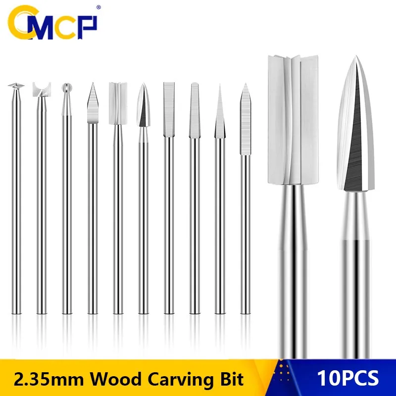 CMCP 10pcs 2.35mm Shank Wood Engraving Drill Bit Milling Cutter Woodworking Drilling Tools Carving Knives Bit