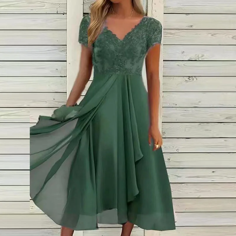 Elegante abito da festa donna estate pizzo Chiffon irregolare abito longuette nero manica corta lunga spiaggia abiti a trapezio 2023