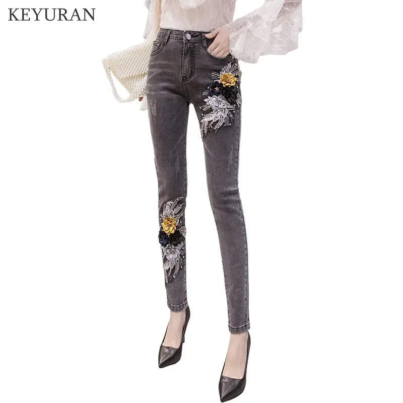 Women 3D Floral Applique Jeans 2024 Flower Embroidery Beading Long Trousers High Waist Elastic Pencil Denim Pants Ladies Balck