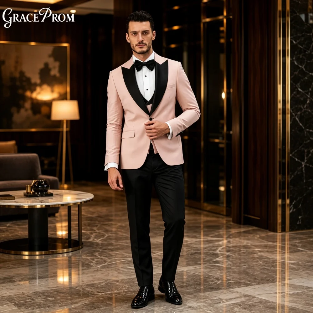 Fashion Light Pink Black Lapel Men Suit Set 3PCS 2027 For Wedding Formal Business Groom Best Man Outfit Customized Men's Suit
