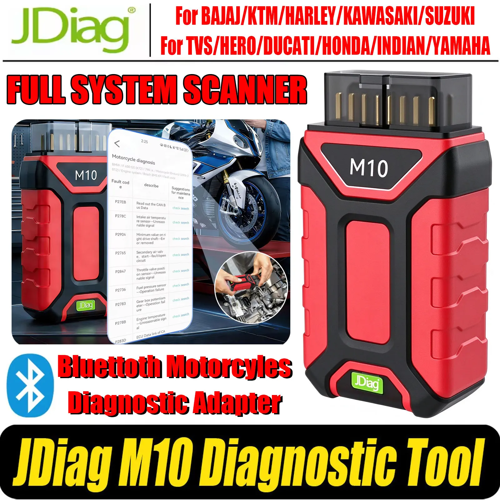 JDiag M10 Diagnostic For Harley/KTM/DUCATI/KAWASAKI/Honda Moto Codes Read Key matching ABS System Test Motorcycles OBD2 Adapter