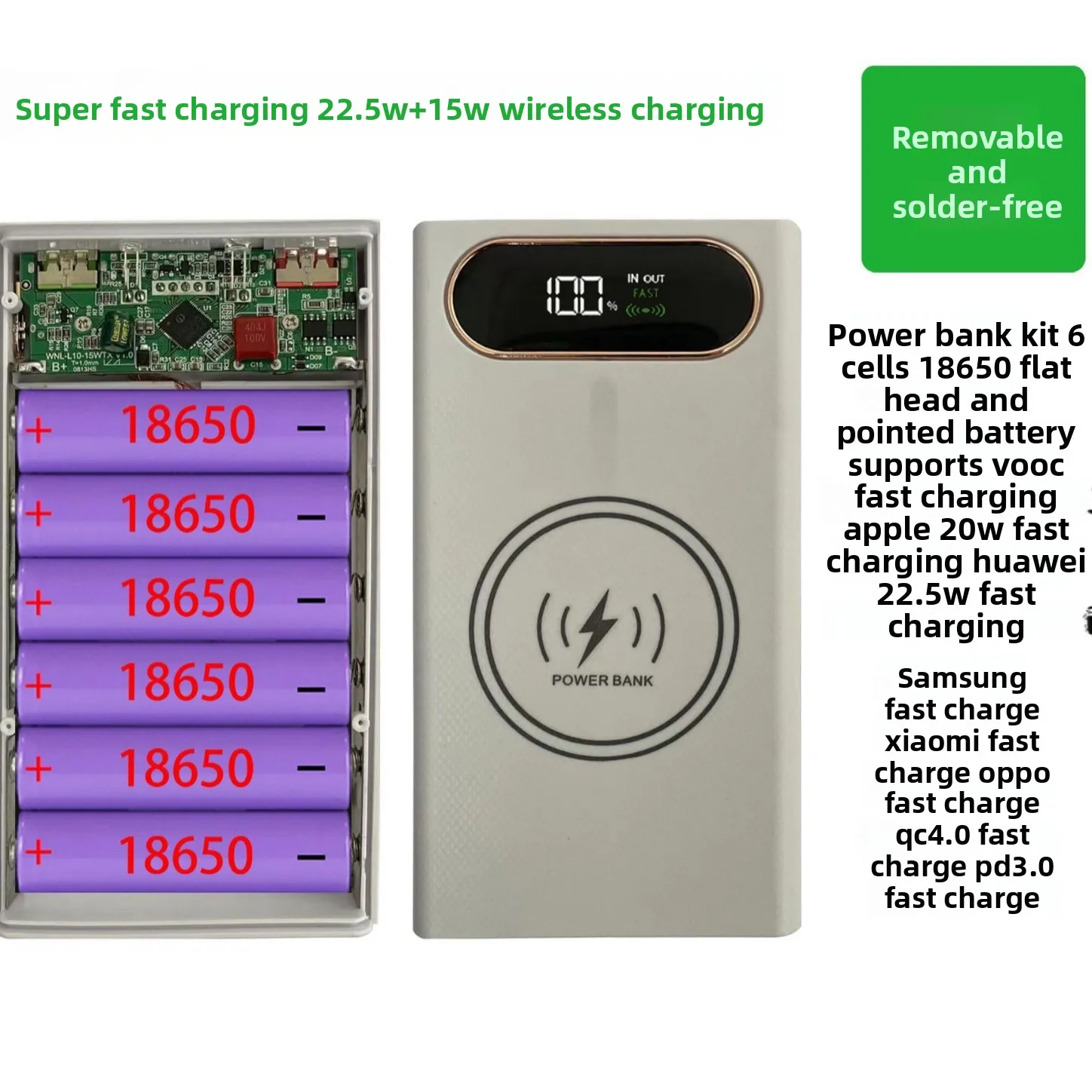 6*18650 Power Bank Battery Box Holder Portable Dual USB Type C Charge Shell for iPhone Xiaomi 22.5W Wireless 15W Battery Cases