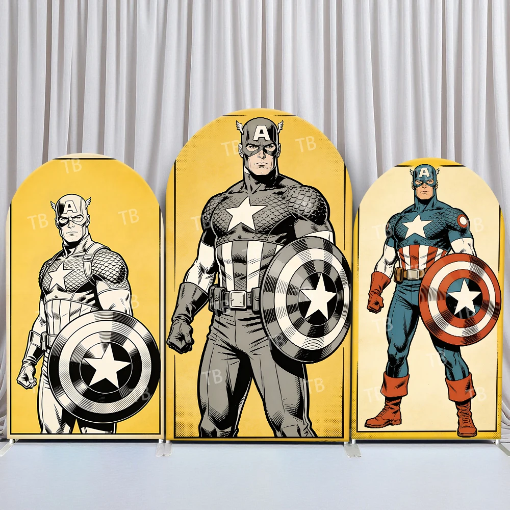 

Marvel Captain America Comic Style Arch Backdrop Cover Hero Themed Festive Scene For Kids Birthday Baby Shower Photo Booth Decor