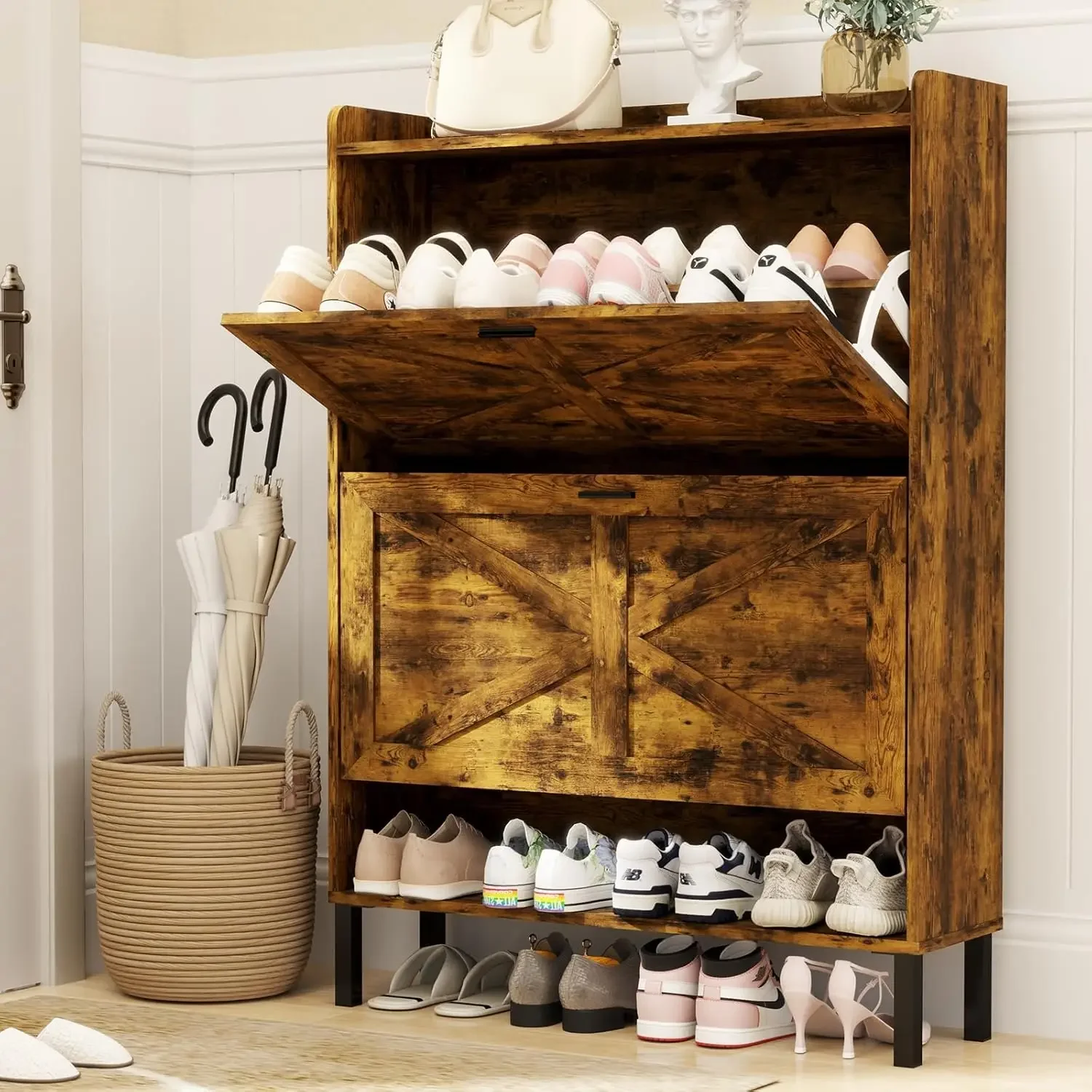 Storage Cabinet for Entryway, Fits Size 13, 24 Pairs Sturdy Wood Farmhouse Shoe Rack Organizer with 2 Flip Drawers, 5-Tier Slim