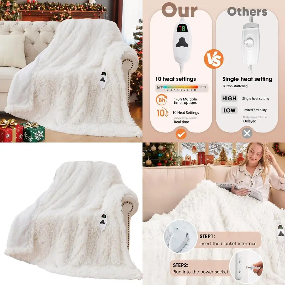 

Cozy Faux Fur Sherpa Electric Blanket, 10 Heat & 5 Timer Settings, Ideal Winter Gift, 50x60 Snow Cloud