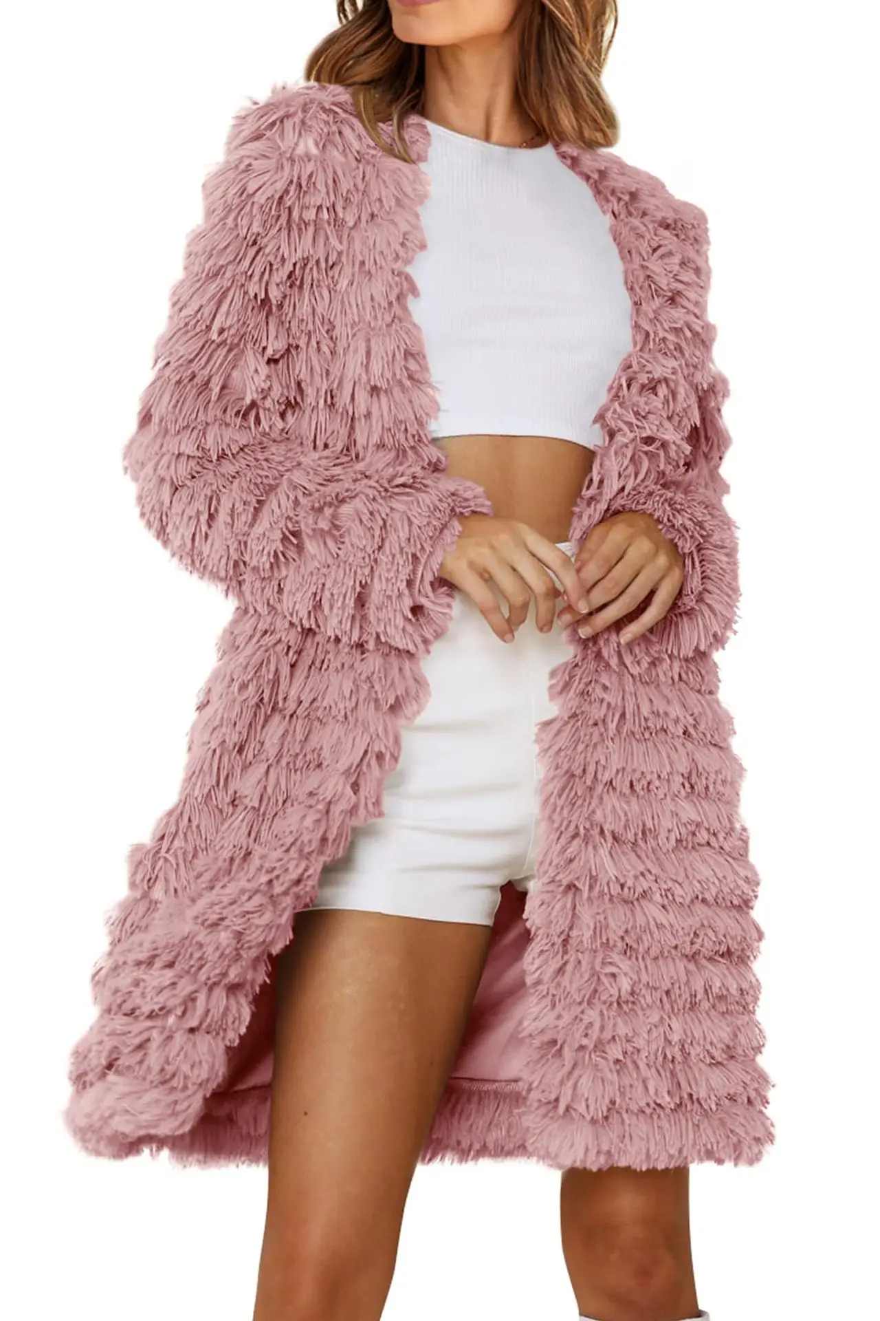 Women's 2023 Winter Long Sleeve Faux Fur Jackets Fall Fashion Black Khaki Pink Open Front Long Cardigan Coat Outerwear