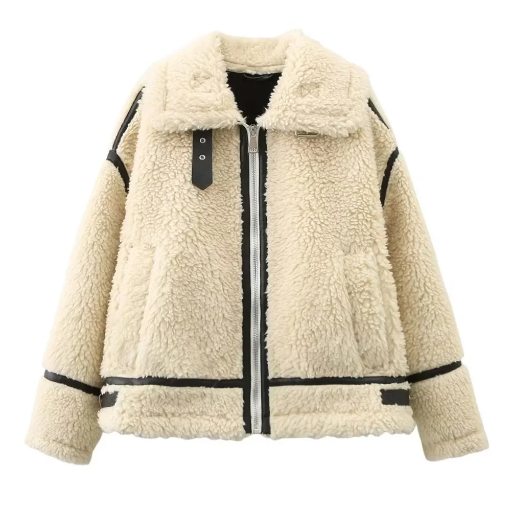 TRAF 2024 Autumn New Product Women\'s Wear Color Contrast Splicing Fleece Fur Integrated Lamb Fleece and Velvet Coat