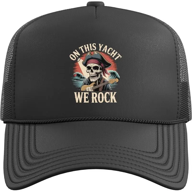 On This Yacht We Rock Skull Pirate Music Trucker Hat with Adjustable Mesh Back