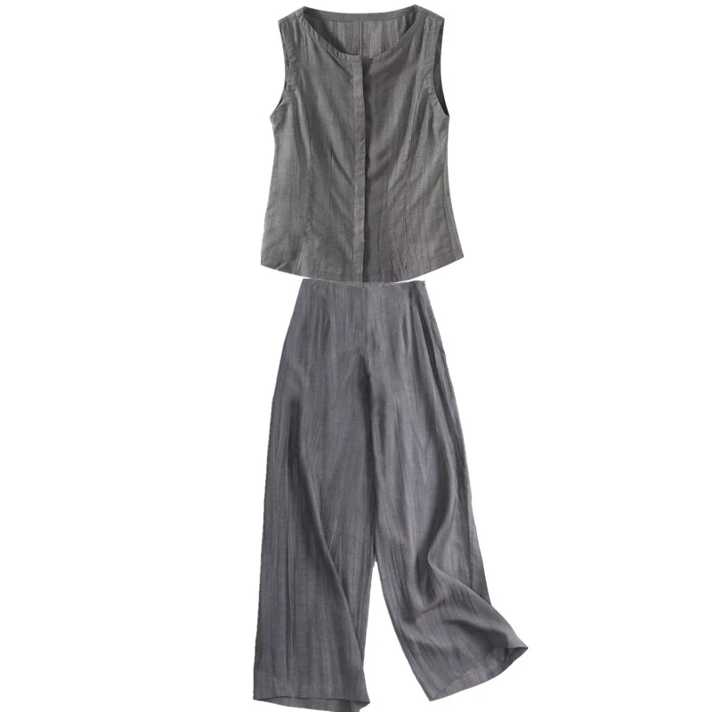 Maxdutti South French Elegant Linen Blend Vest Casual Pants Set Women's Matching Sets Woman Clothes Women's Pants And Trousers