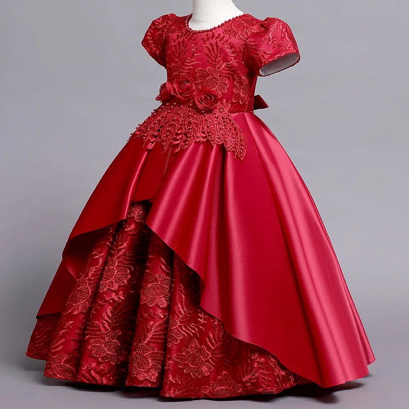 Vestido longo infantil elegante para concurso, luxo, cetim, bordado, moda para meninas, festa de aniversário, baile, baile