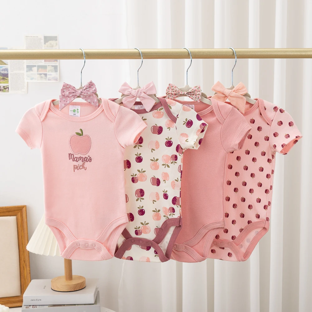 

8Pcs Cute Apple Print Baby Rompers Headbands Short Sleeve Cotton Flower Gingham Plaid Print Bodysuits Infant Clothing Clothes